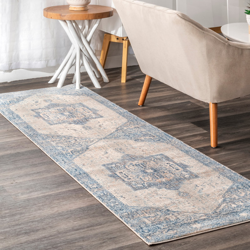 Tapis oriental bleu clair Alieda, Tapis de couloir 2 pi 6 po x 8 pi