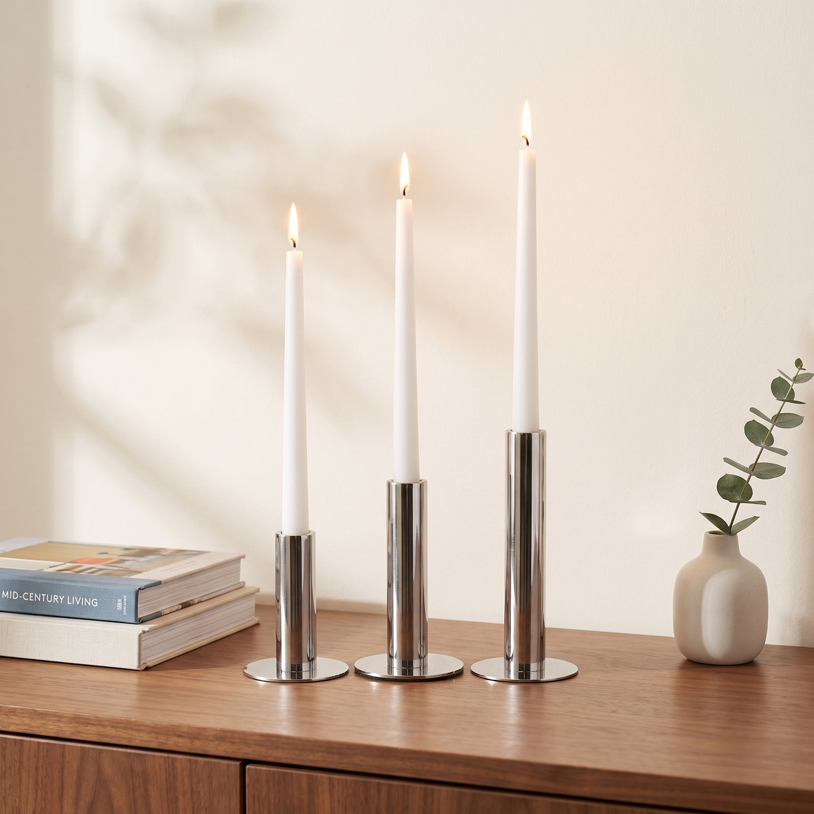 Kage 3-Piece Stainless Steel Candlestick Set, Polished Silver