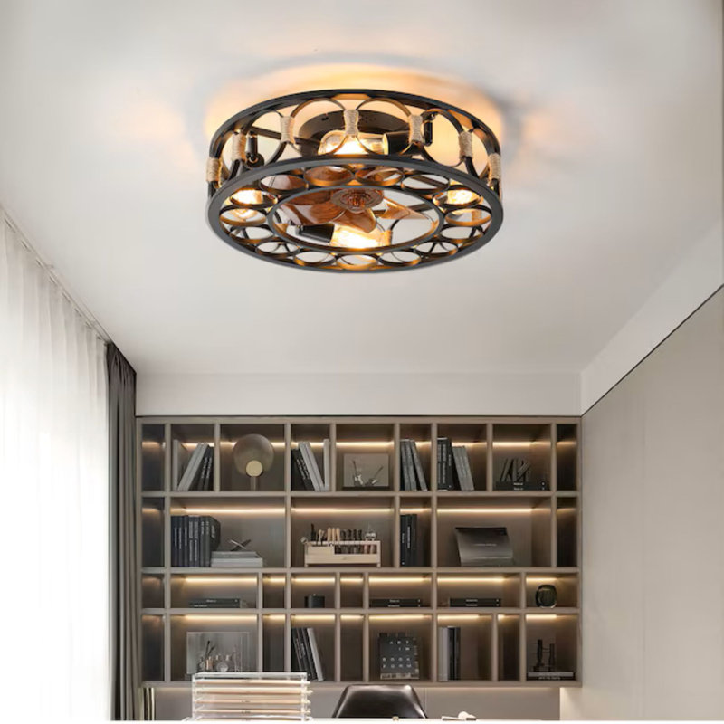 Ventilateur de plafond encastré industriel à 6 vitesses avec lumières et télécommande Moniquie, Noir