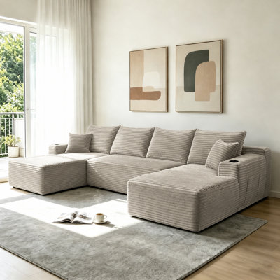 Canapé modulaire en U de 134 po en velours côtelé de style nuage avec porte-gobelets et poches latérales pour le salon, aucun assemblage requis