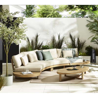 Wesley Wooden & Cream 6 Seater Curved Garden Sofa With Coffee Table - Modern Mid Century Style
