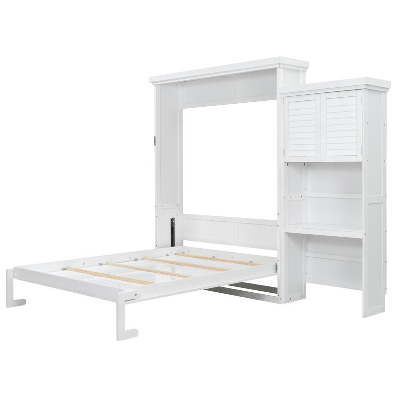 Queen Size White Space - Saving Bed, Louvered Style Storage, Pine Wood