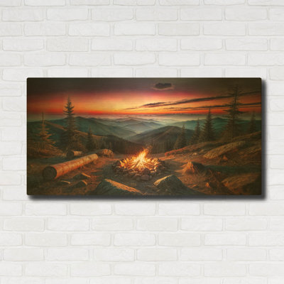 «Campfire In Mountains At Sunset» par Rey Klimt, art mural en métal doré, 24 po x 12 po