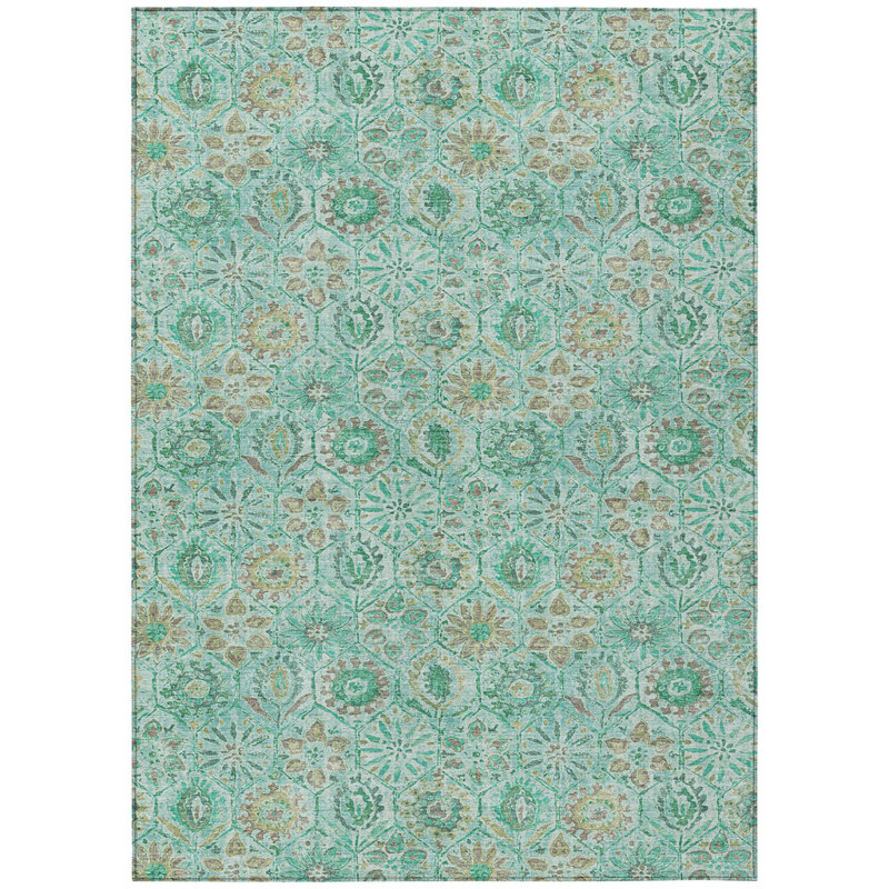 Tapis intérieur / extérieur lavable floral 8 pi x 10 pi turquoise et beige