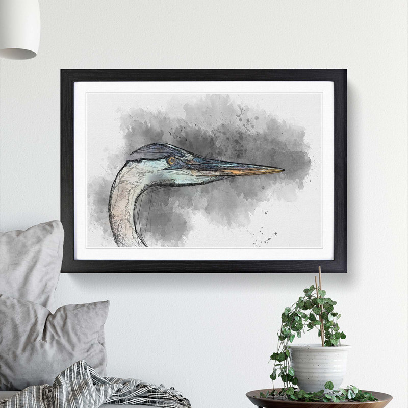 Heron Portrait in Abstract - Picture Frame Graphic Art Print, Black Framed, 48cm H x 65cm W x 2cm D