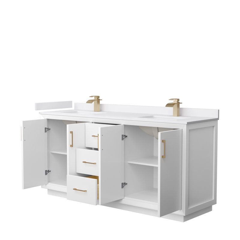72'' Double Bathroom Vanity with Cultured Marble Top, Satin Bronze, White, White Cultured Marble