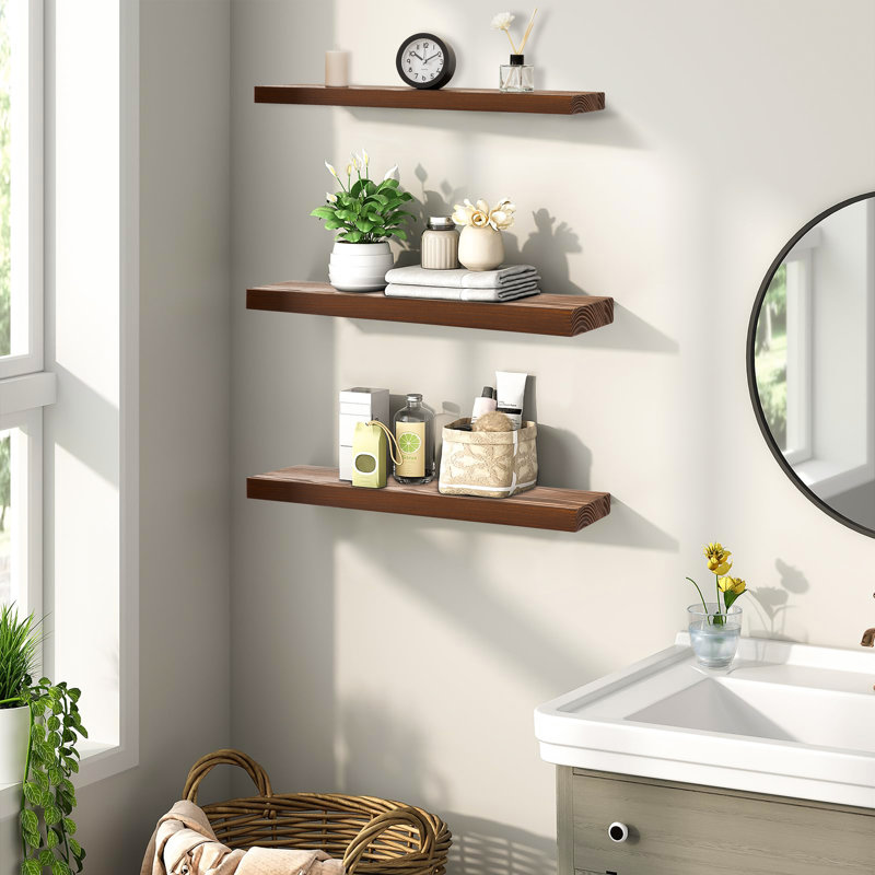 Solid Wood Floating Shelf (Set of 3), Brown