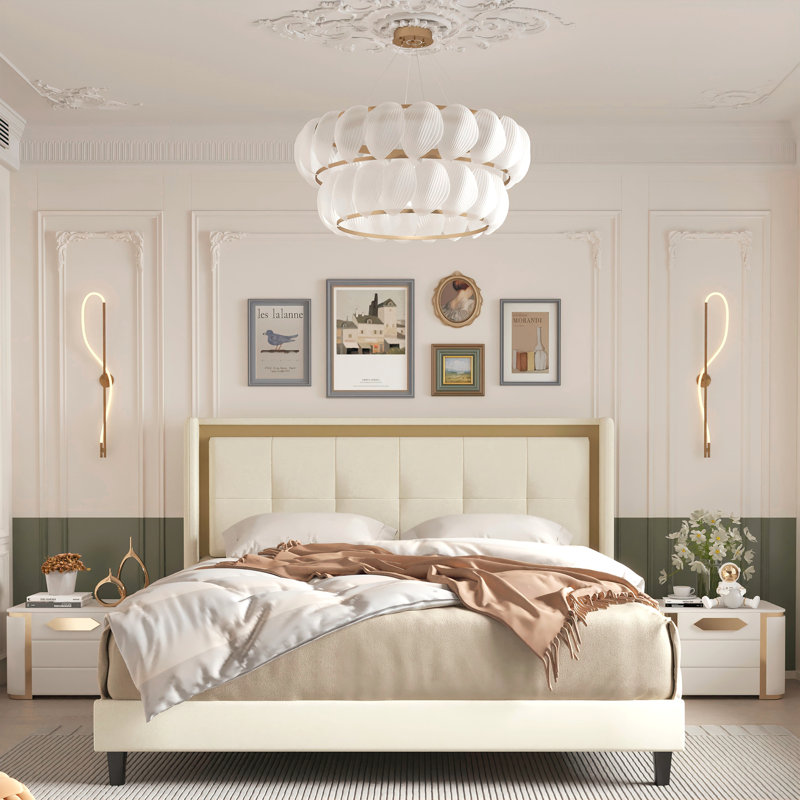 Lit à panneau tapissier Keedra, Beige, Grand