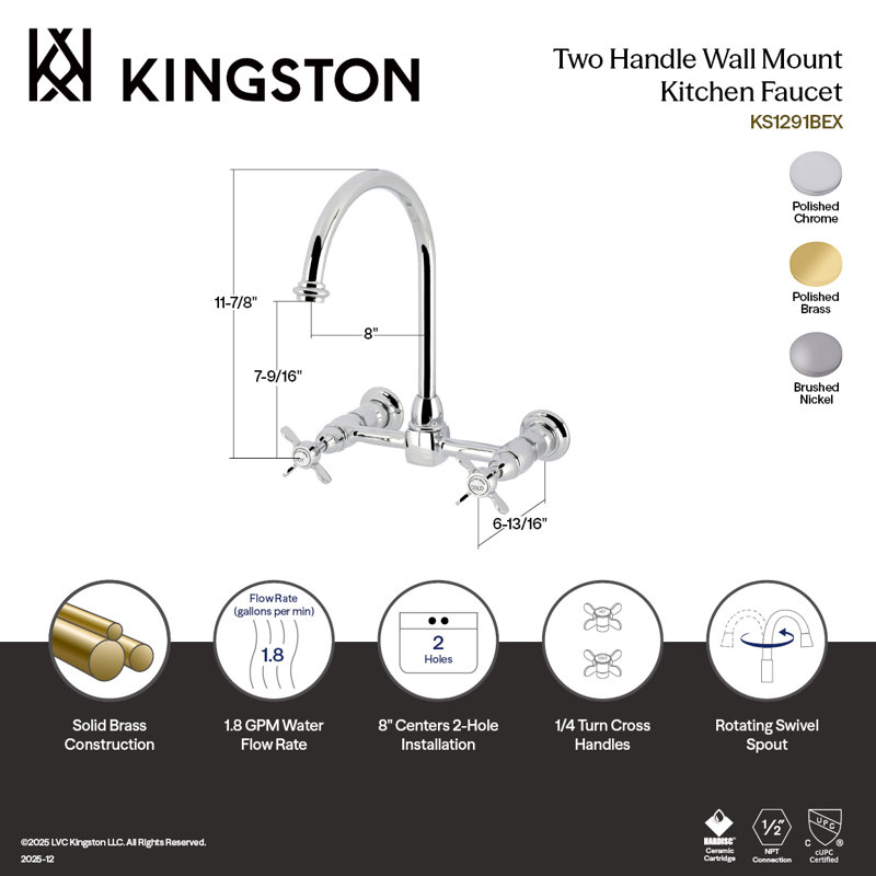 Kingston Brass Bel-Air Two-Handle 2-Hole Deck Mount Bridge Kitchen Faucet, Polished Chrome, Cross