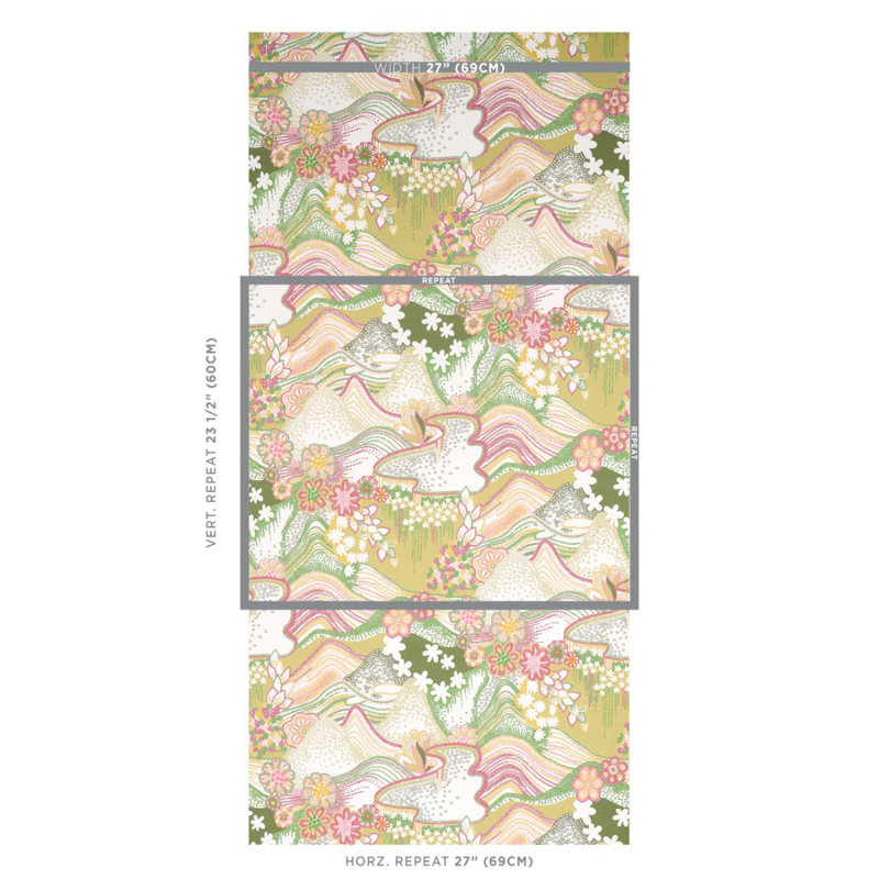 Papier peint Schumacher x Clements Ribeiro, Vert / rose