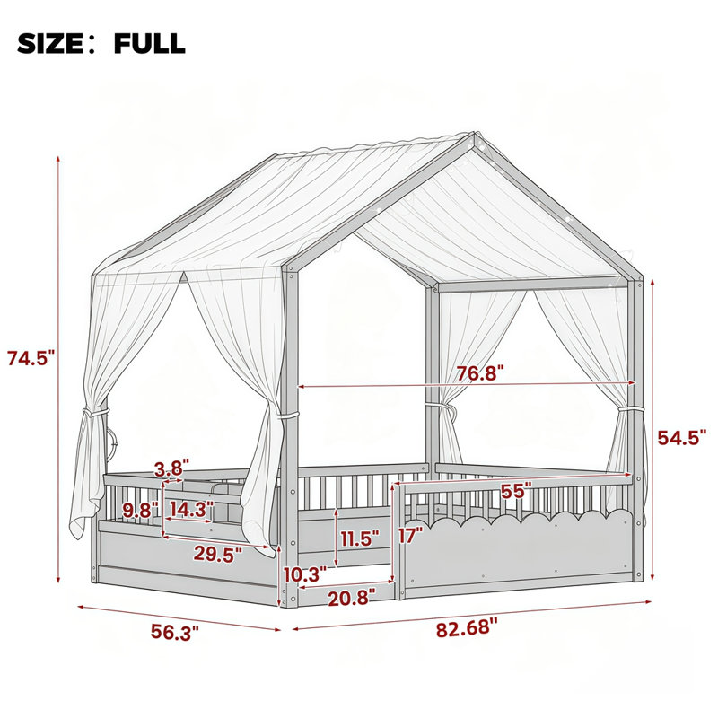 Lit double Montessori pour enfants, structure de lit à baldaquin en bois avec barrières de sécurité et porte, guirlande lumineuse et bibliothèque intégrées, lit à profil bas, aucun sommier nécessaire