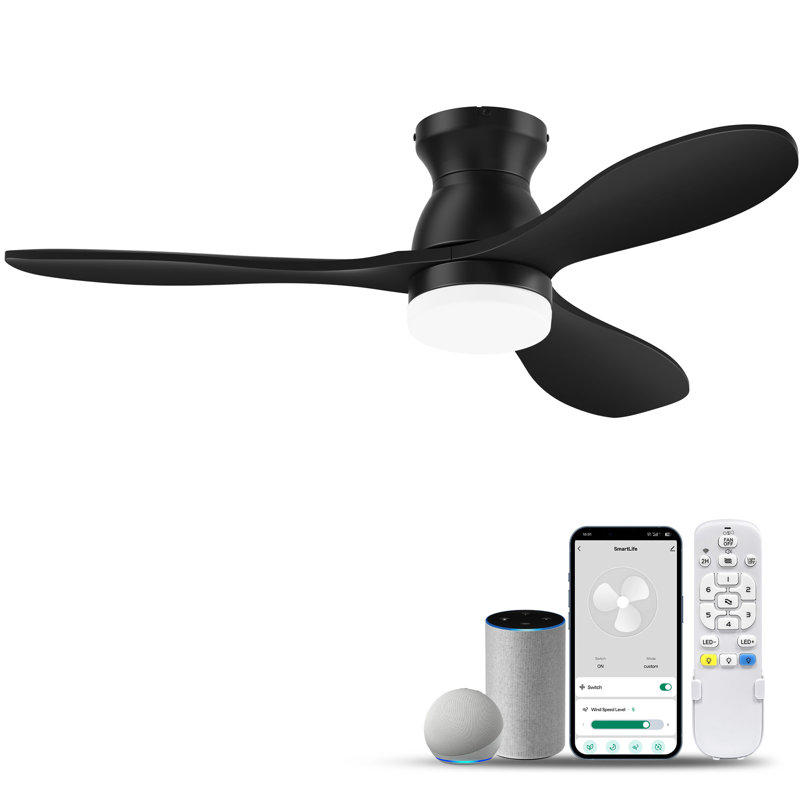 42 in. Smart Outdoor Indoor Black Flush Mount Ceiling Fan with Lights Remote, Controll by Voice Alexa App, 6-Speed, 42 in