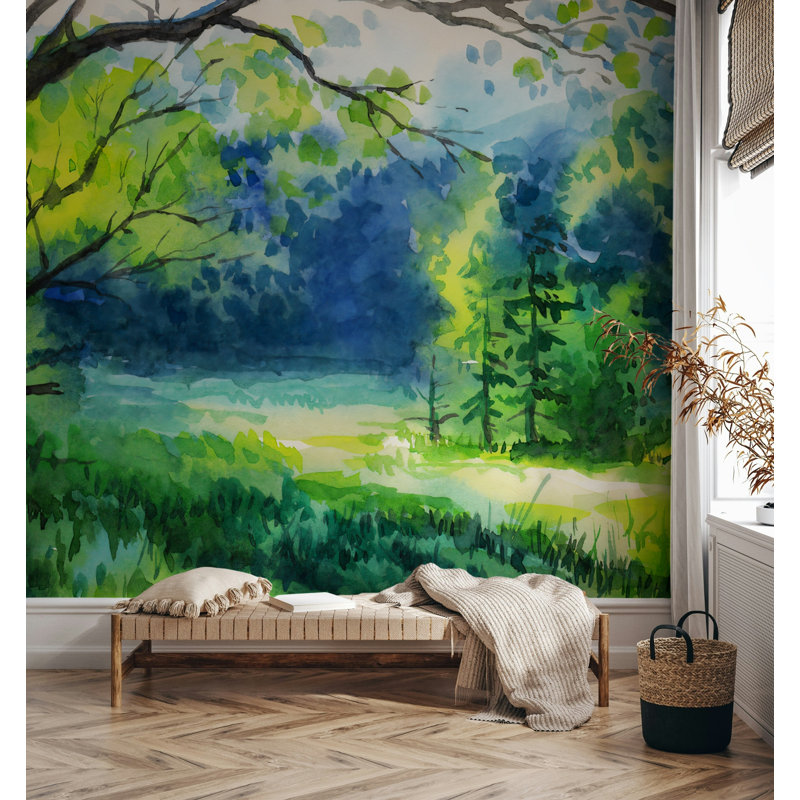 Watercolor Forest Lake Wall Mural Green Blue Wallpaper, 100" L  x 150" W