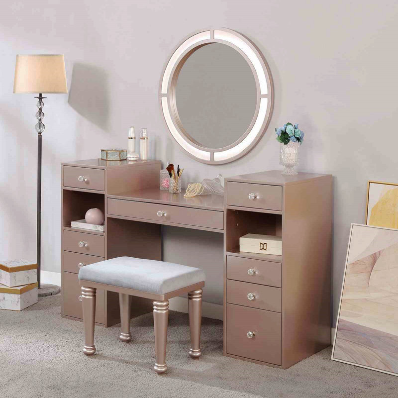 Glam Style 1pc Vanity W/ Padded Stool Set 3mm Mirror Storage Drawers Led On Mirror Tiffany Blush Finish Bedroom Furniture
