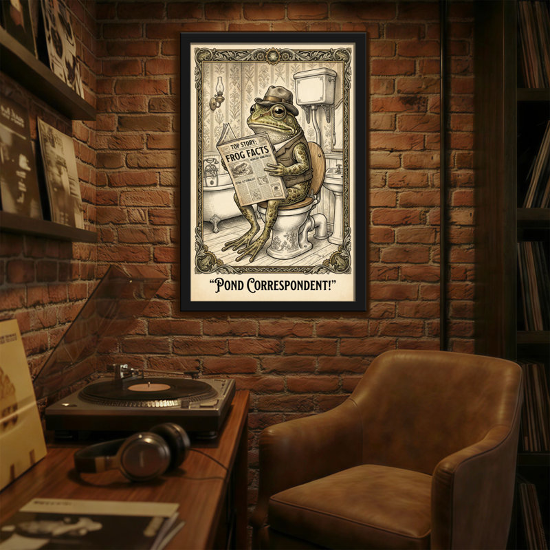 Bain et lessive grenouille lisant le journal sur la toilette, H 30 po x l 20 po