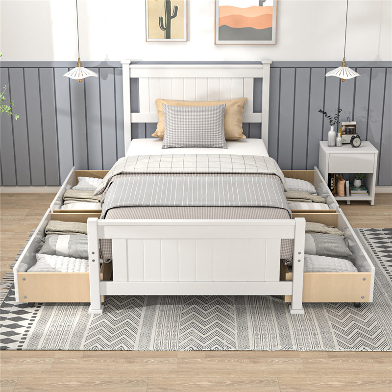 Wood Size Bed Frame With 4 Storage Drawers, Solid Wood Platform Bed With Headboard, Twin