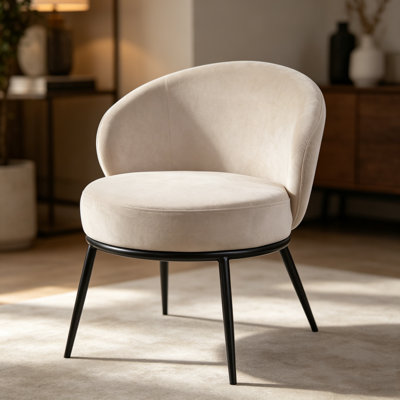 Round Velvet Accent Chair, Mid-Century Modern Barrel Armchair with Gold Metal Legs, Upholstered Comfy Side Chair for Living Room Bedroom Vanity – Plush Foam Cushion