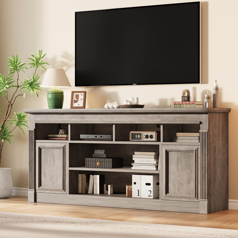 67" Farmhouse TV Stand for TVs up to 75", Entertainment Center with Adjustable Open Shelves & Storage Cabinets, Gray