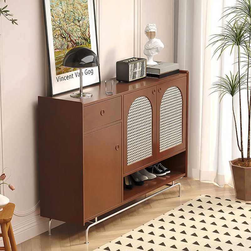 Simple Solid Wood and Rattan Shoe Cabinet for Home Use