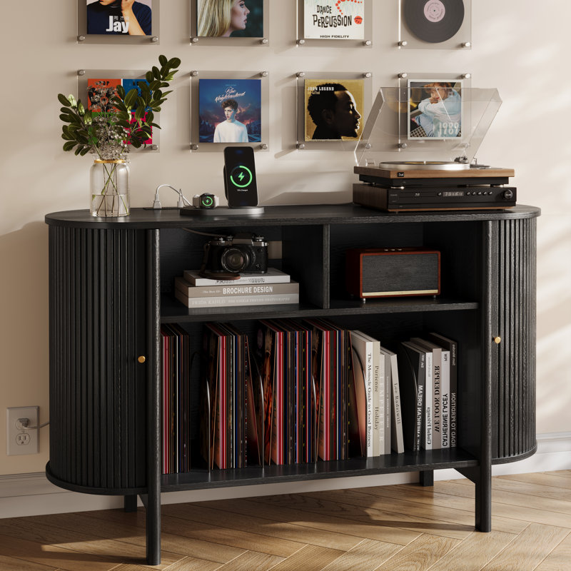 Meuble télé et support pour platine vinyle de 43 pouces de large avec prises électriques, Black