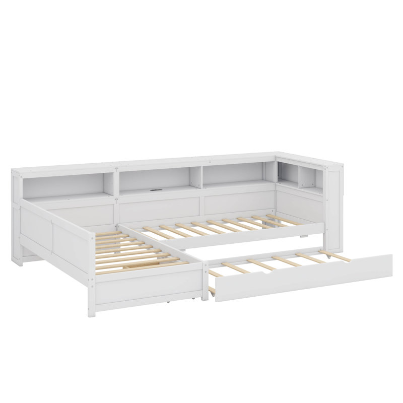 Structure de lit simple en L avec lit gigogne et tiroir de rangement simple, Blanc