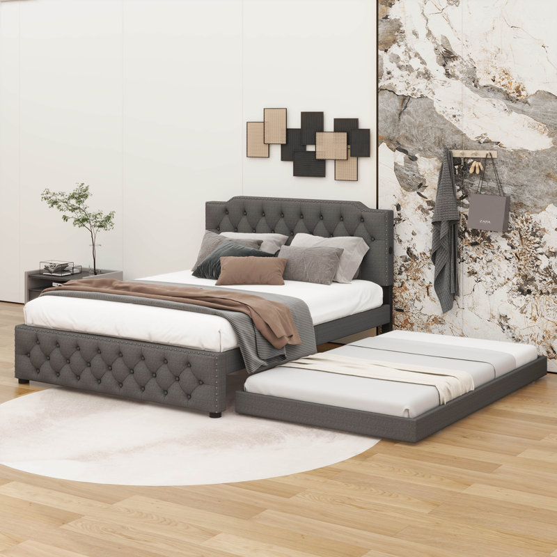 Grand lit plateforme tapissier avec lit gigogne simple intégré et ports USB doubles, Gris