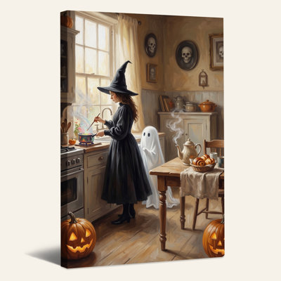 Witch Brewing Potion With Ghost And Pumpkins In Halloween Canvas Wall Art