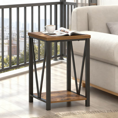 Industrial End Table With Wood Top, Square Side Table For Living Room, Metal And Wood Nightstand For Bedroom, Rustic Brown Finish