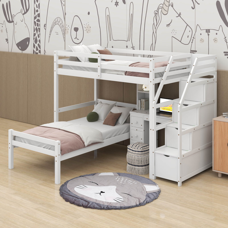 Lit mezzanine simple avec bureau, tablettes et tiroirs, Blanc