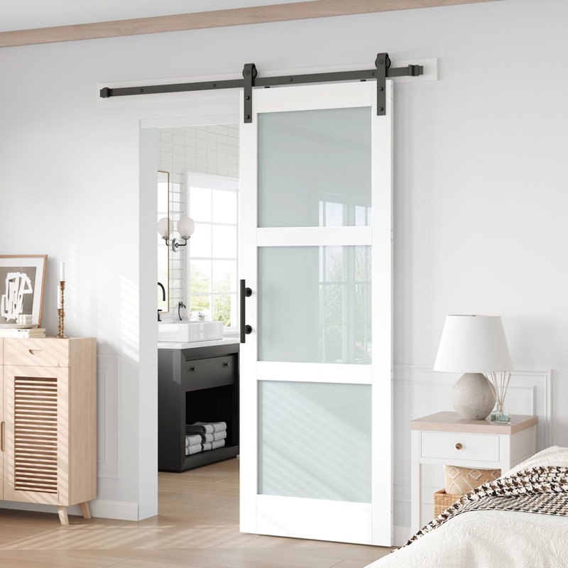 3 Lite 84"H Frosted Glass Sliding Barn Door Wood Interior Closet Doors with Installation Hardware Kit, 30" x  84"