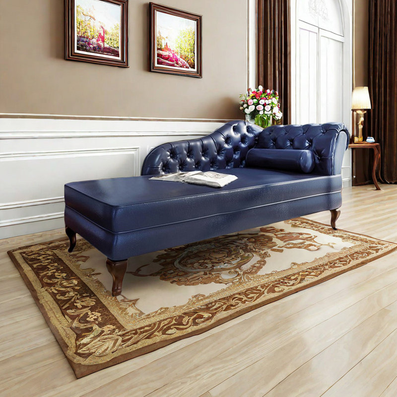 Chaise longue classique rembourrée en similicuir, Bleu foncé, Brun noyer, Accoudoir à droite (vu de face)