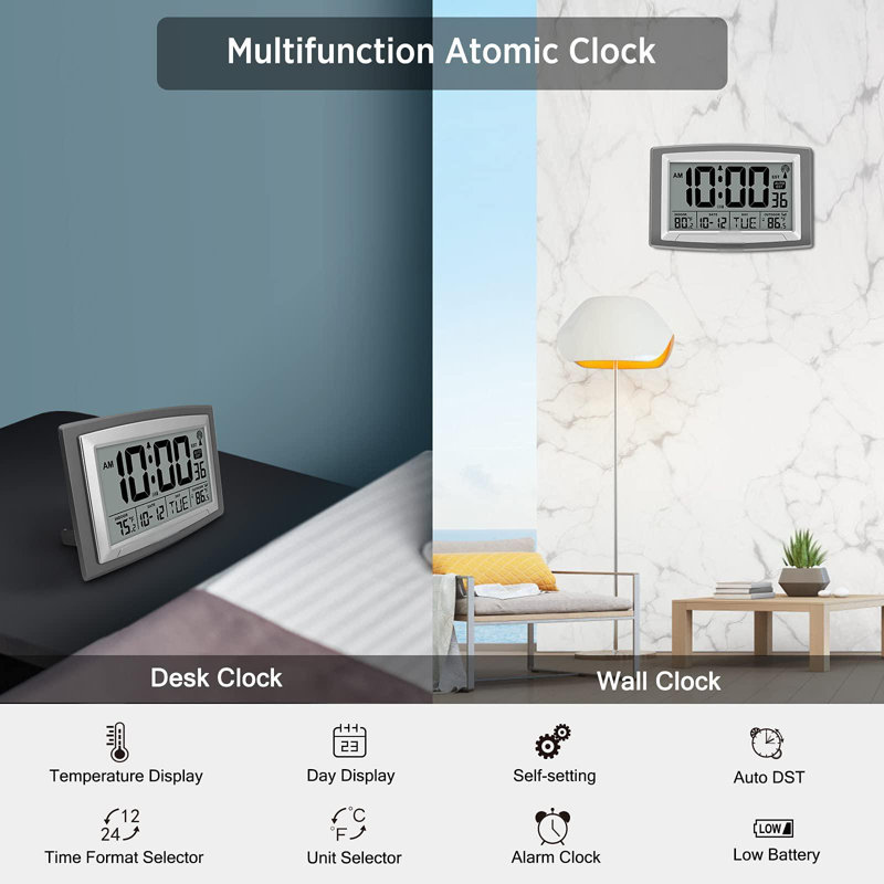 Atomic Clock With Outdoor And Indoor Temperature, 12.5 Inch Self-Setting Digital Clock Large Display, Battery Operated,(Silver And Metallic Grey)