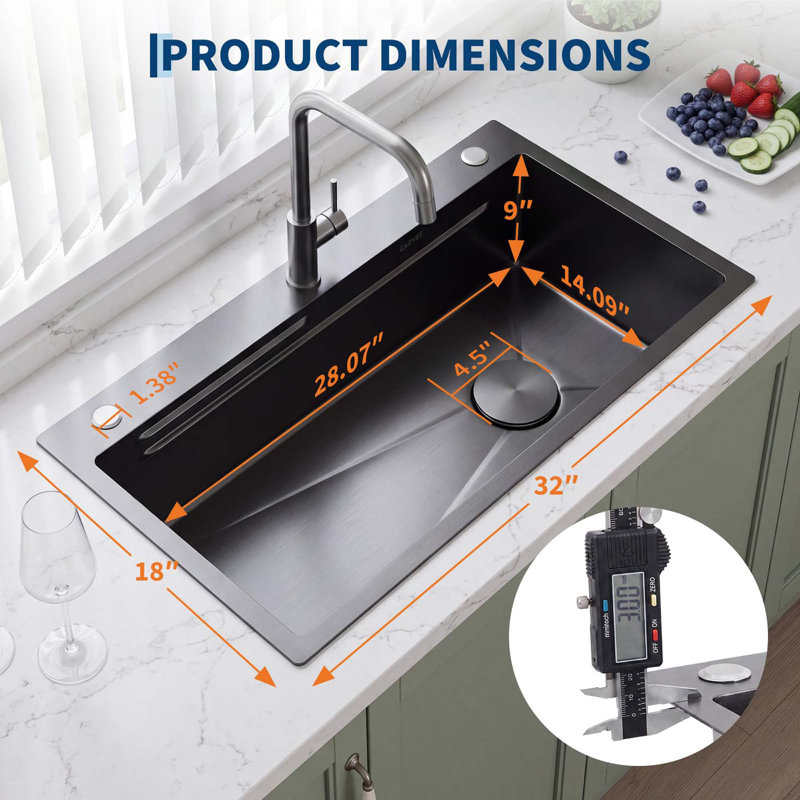 Évier de cuisine encastré sous comptoir de 81 cm (32 po), cuve unique, acier inoxydable 201 avec finition en nid d'abeille, ensemble d'accessoires 5 pièces inclus, noir