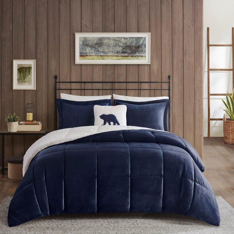 Édredon en duvet synthétique - double / grand, bleu marine + à, 2 taies décoratives et 1 coussin avec bourre