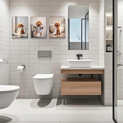 3Pcs Funny Bathroom Canvas Wall Art Goldendoodle Reading Newspaper Poodle On Toilet Bathroom Pictures Wall Decor Dog Bathroom Prints Posters Artwork Restroom Toilet Wall Decoration 12X16 Inch Framed