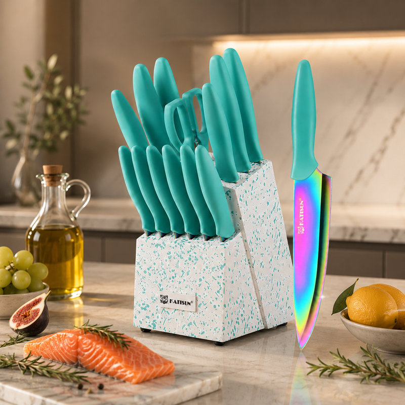 15-Piece Rainbow Titanium Stainless Steel Knife Set with Block