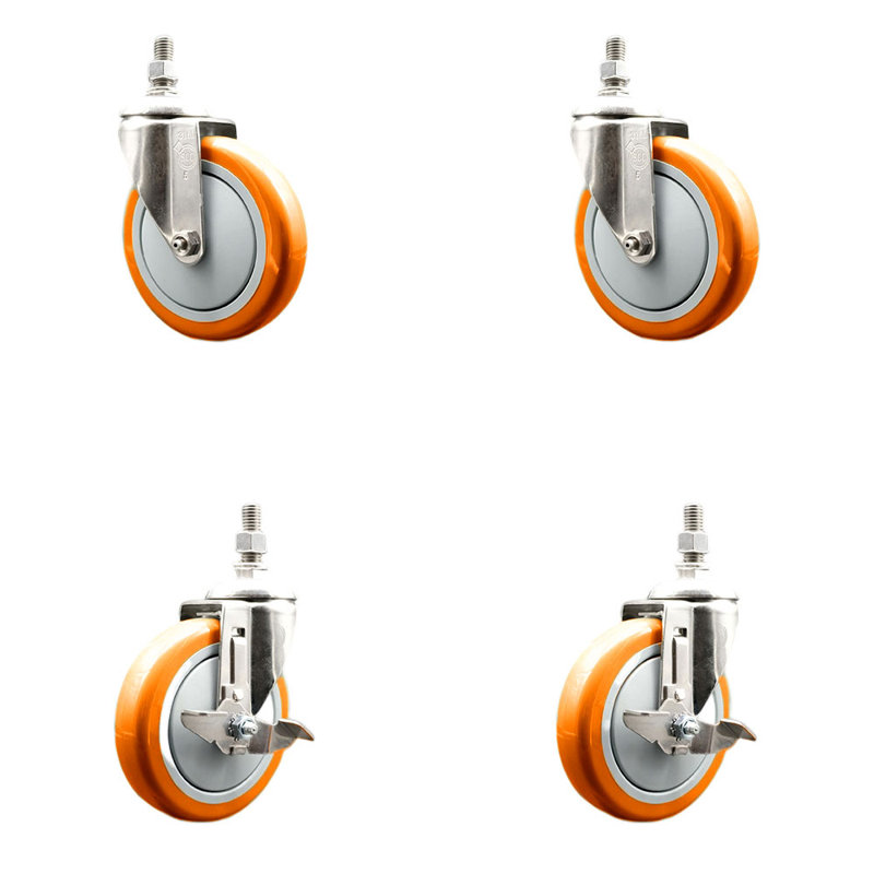 Ensemble de roulettes à tige filetée de 5 pouces en polyuréthane pivotant orange de 10 mm et 2 freins
