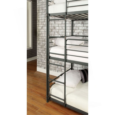 Twin Over Twin Over Twin Bunk Bed Industrial Style Metal Structure Attached Dual Ladder Upper Guard Rails Pipe Framework Antique Black Finish