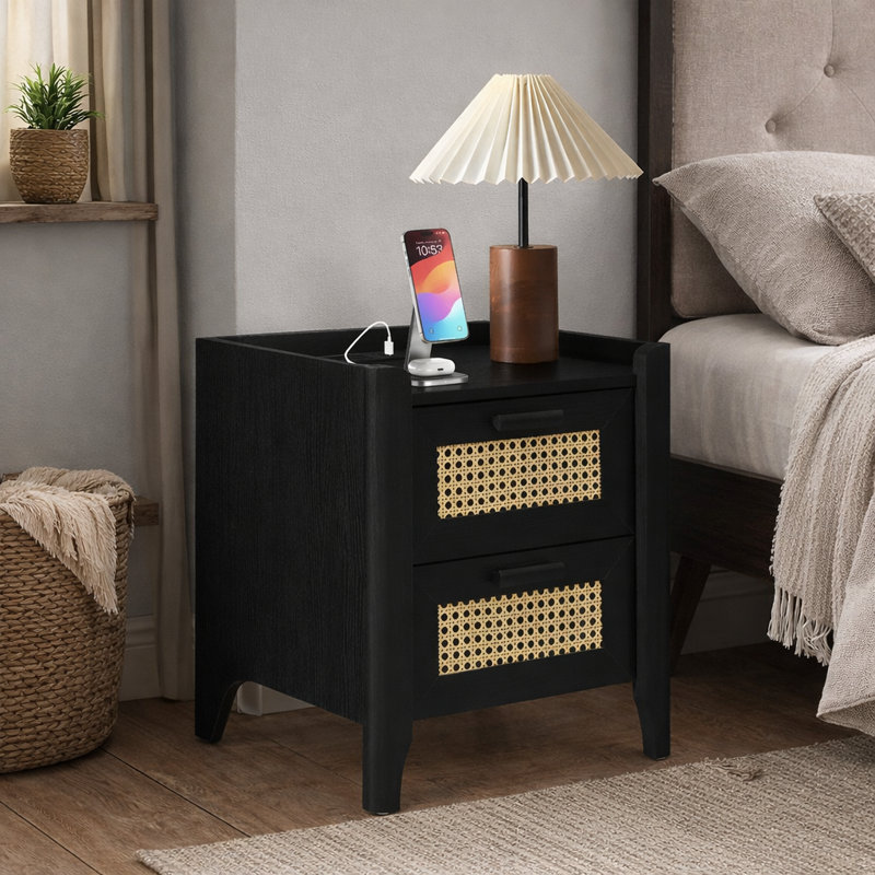   Rattan-Inspired 2 Drawer Nightstand with Charging Station, Bedside Table with Drawers, Night Stand for Bedroom, End Table or Side Table for Living Room, 15.5" D x 18.9" W x 21.7" H, Oak