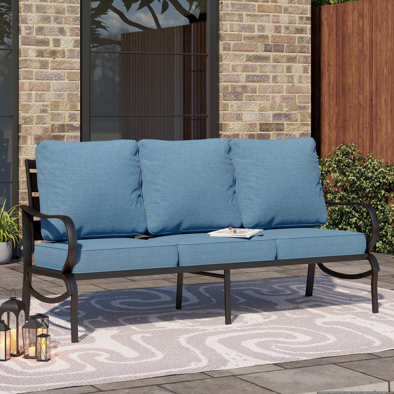Argirios 75'' Wide Metal Outdoor Patio Sofa with Cushions, Denim Blue