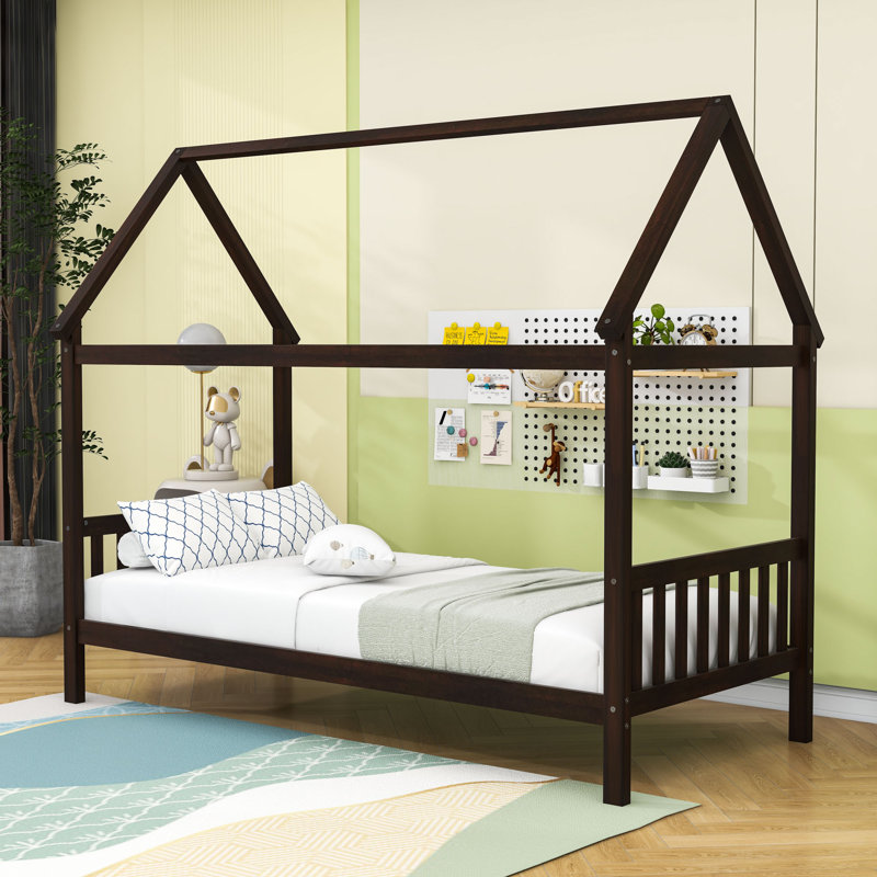 Twin Wooden House-Shaped Bed With Slats, Light Gray