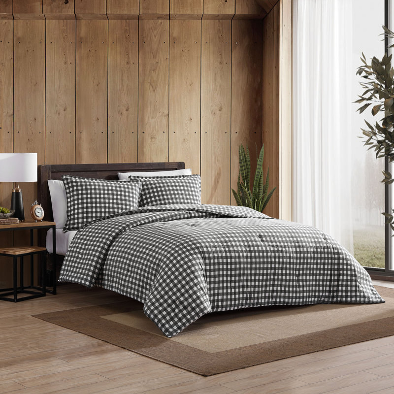 Eddie Bauer Preston Grey Cotton Flannel Reversible Duvet Cover Set, Full/Queen Duvet Cover + 2 Standard Shams