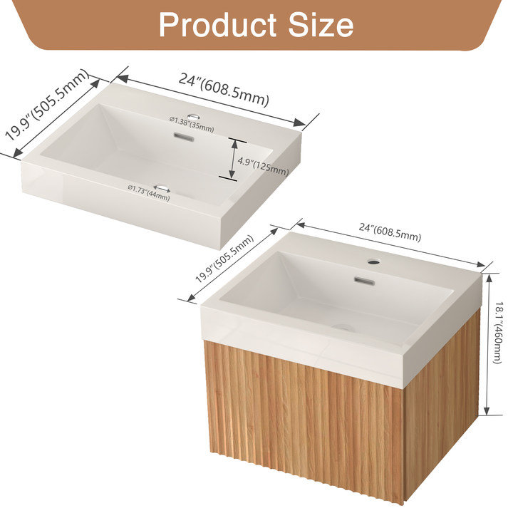 24'' Acacia Wall-Mounted Floating Vanity w/Integrated Basin, 24"