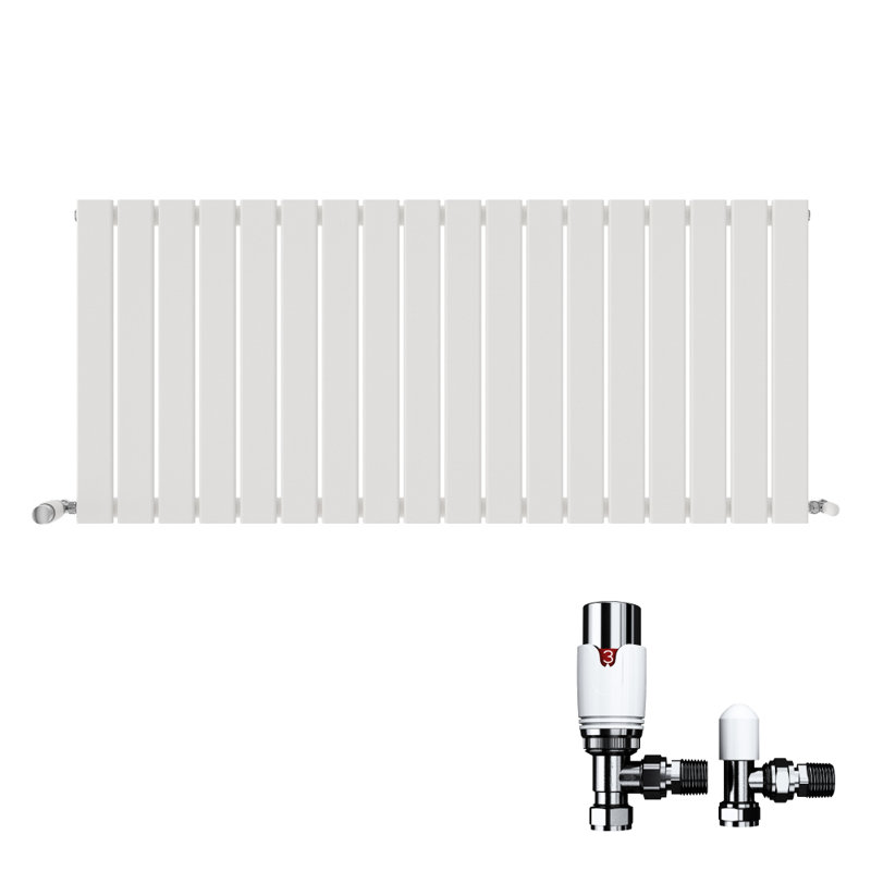 iBathUK Belgravia Horizontal Single Slim Flat Panel Radiator Angled Valve, White, 600cm H x 1368cm W x 52cm D