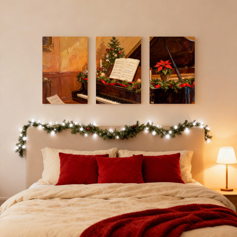Ensemble de 3 tableaux sur toile représentant un piano de Noël avec sapin et poinsettia, H 24 po x l 48 po