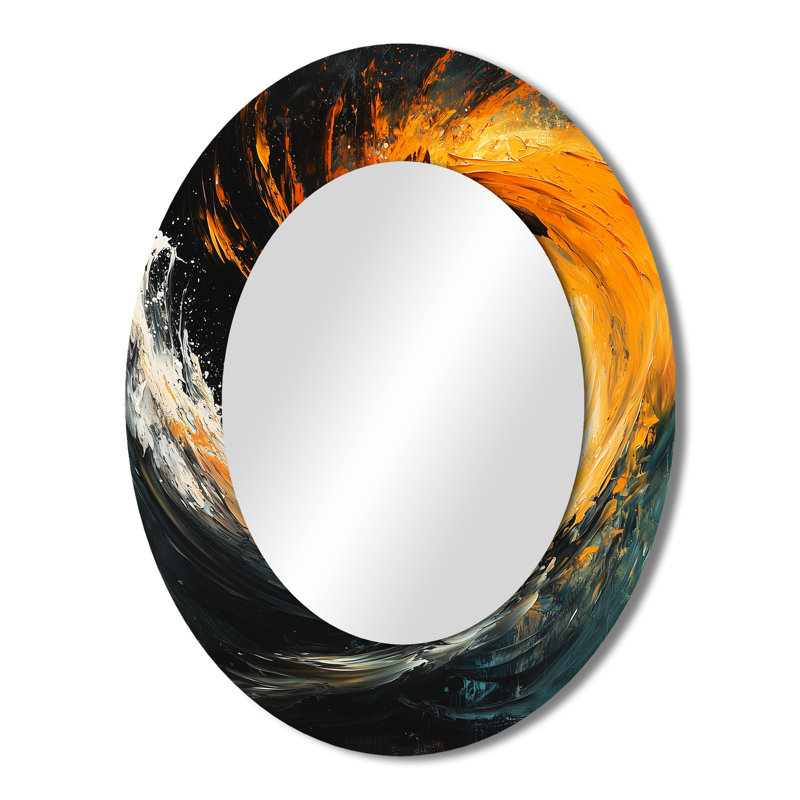 Yellow And Black Auroras Fractal Edge III - Abstract Oval Decorative Mirror On Metal, 43" x 33"
