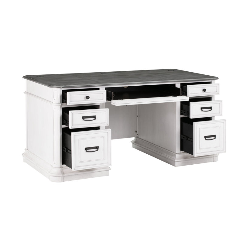 Solid Wood Executive Desk with Power Outlet, Grey