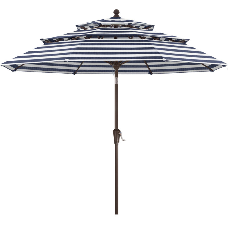 Parasol de marché à 3 niveaux en oléfine de 2,74 m (9 pi), avec inclinaison et levage à manivelle., Rayures bleu marine