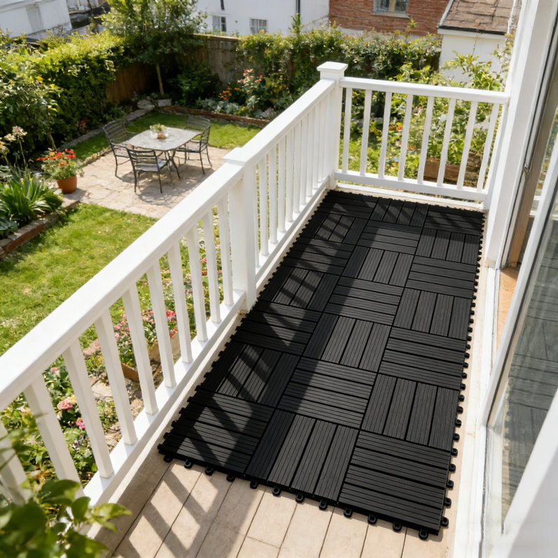 12 tuiles de plancher en bois 12 po x 12 po en plastique-plastique à 4 lattes pour terrasse, balcon, porche, cour, 11 pièces