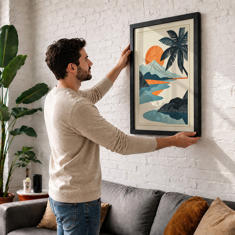 Tropical Sun and Palms Geometric - Framed Print, A1 - 84.1 x 59.4 cm, Black